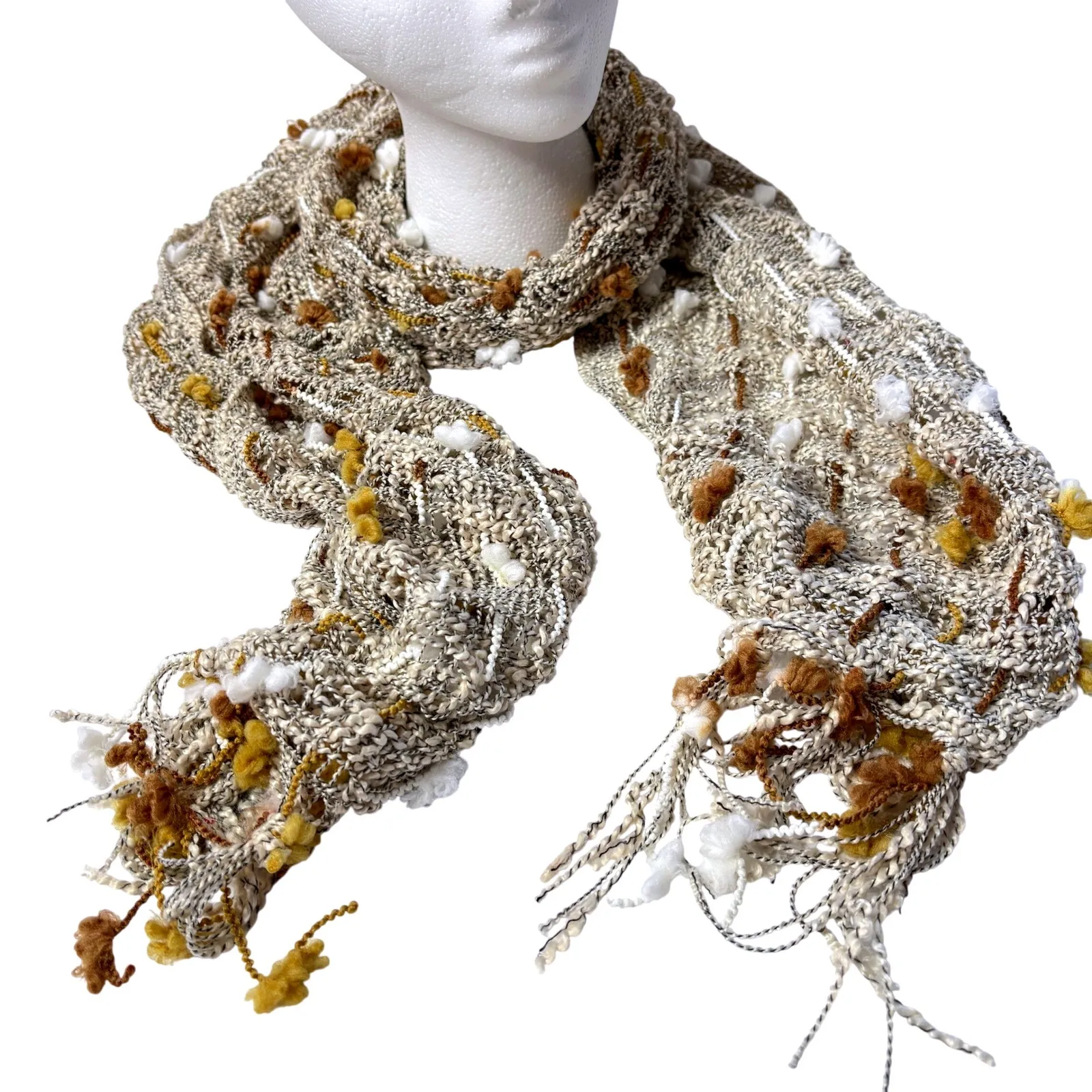 Textured Boho Tan Brown Rectangle Scarf Neutral Earthy Fairy Tassels Poms Y2K - Image 1