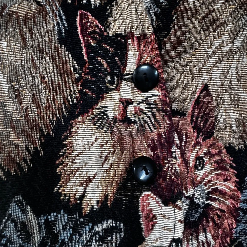 Vintage 80s/90s Vest with Cats and one cat has an eyepatch! Size Medium Facet Green - Image 2