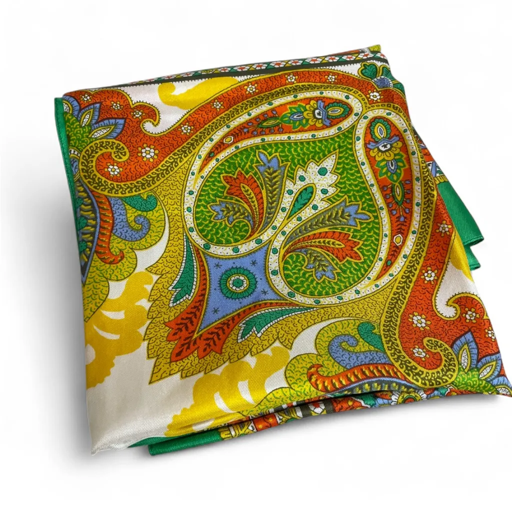 Vintage Liberty of London All Silk Green Yellow Paisley Print 27x27 Retro Scarf - Image 5