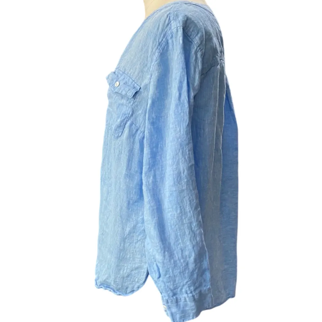Talbots Light Blue LINEN Camp Blouse Size LARGE PETITE - Image 4