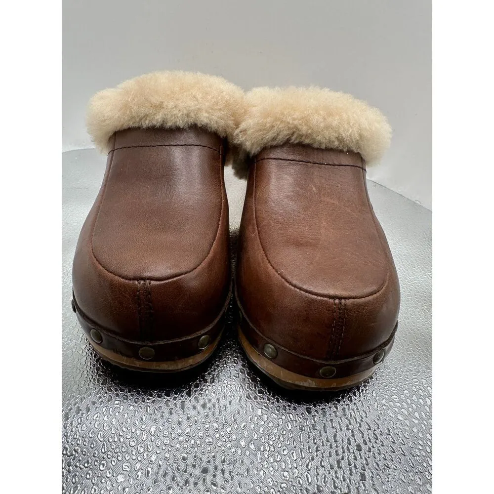 Ugg Kalie Clogs Shoes Brown Leather Fur Lined Wooden Mules Wood Sheepskin Sz 7 - Image 3
