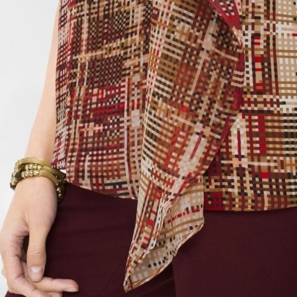 White House Black Market Red Ruffle Printed Sleeveless Tunic Top Small - Image 3