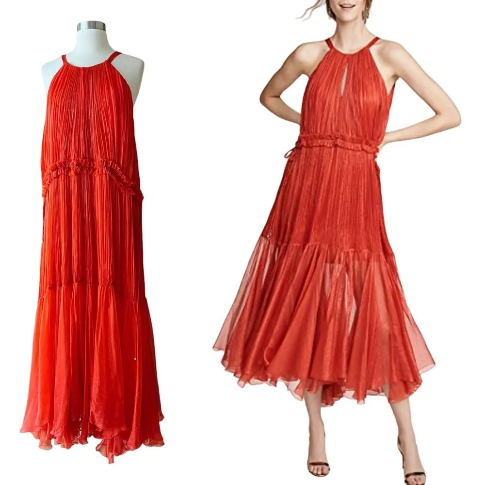 MARIA LUCIA HOHAN Maella Silk Tent Dress Red Chiffon Ruffled Plisse Halter Gown Size 10 - Image 3