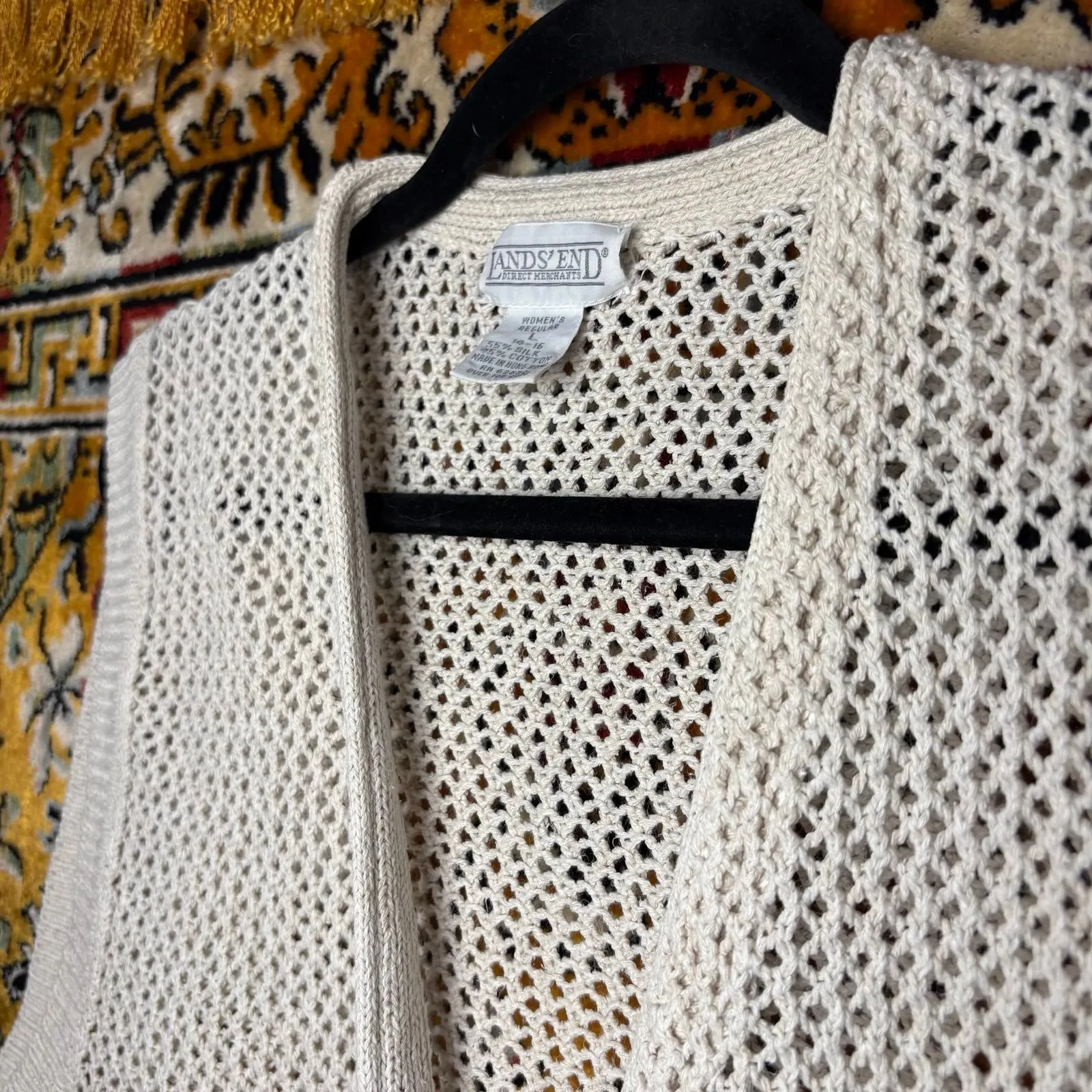 Vintage Lands' End Silk Cotton Crochet Vest Size L Open Knit Cream 90s Boho - Image 5