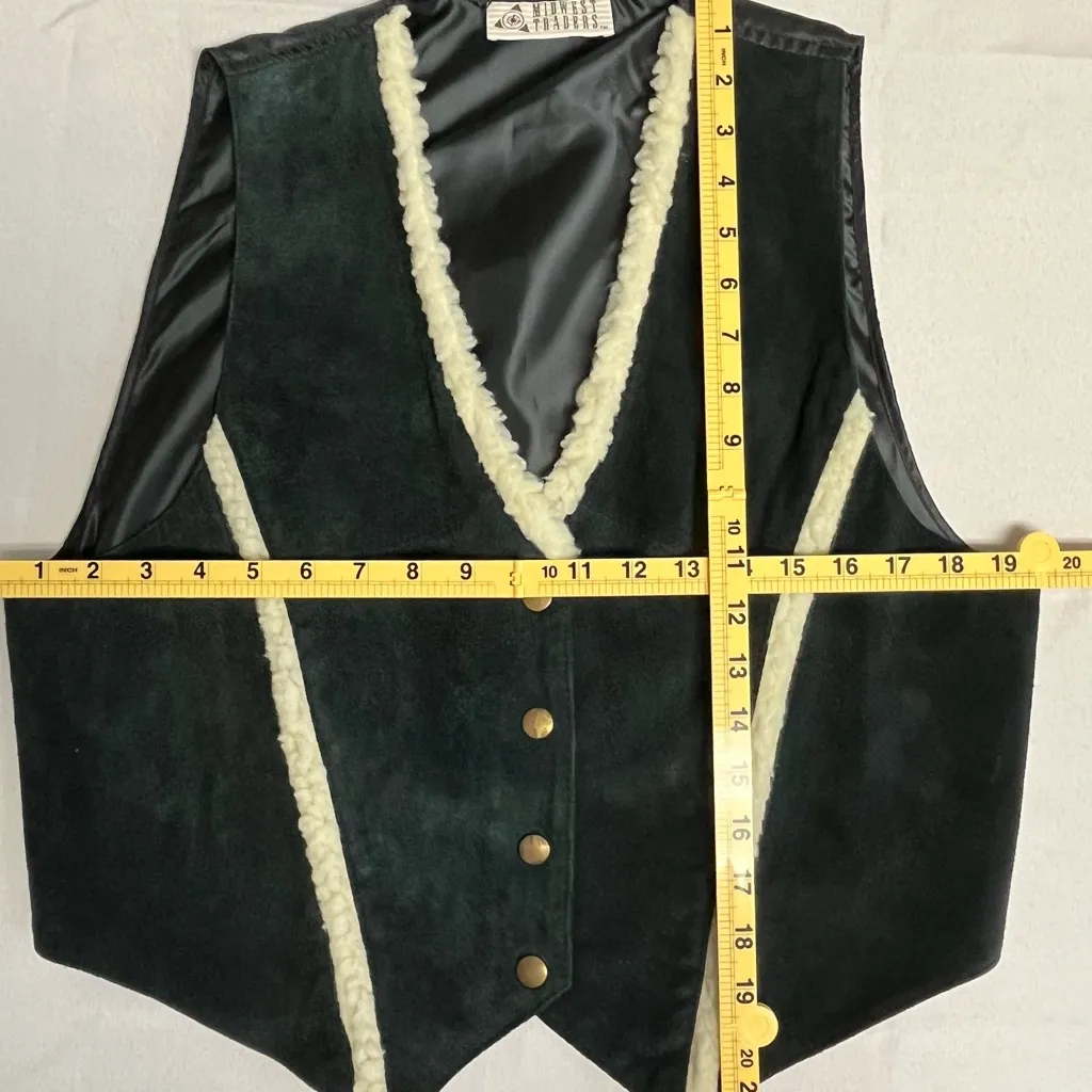 MIDWEST TRADERS Vtg Leather Vest With Sherpa Trim Green Size L - Image 5