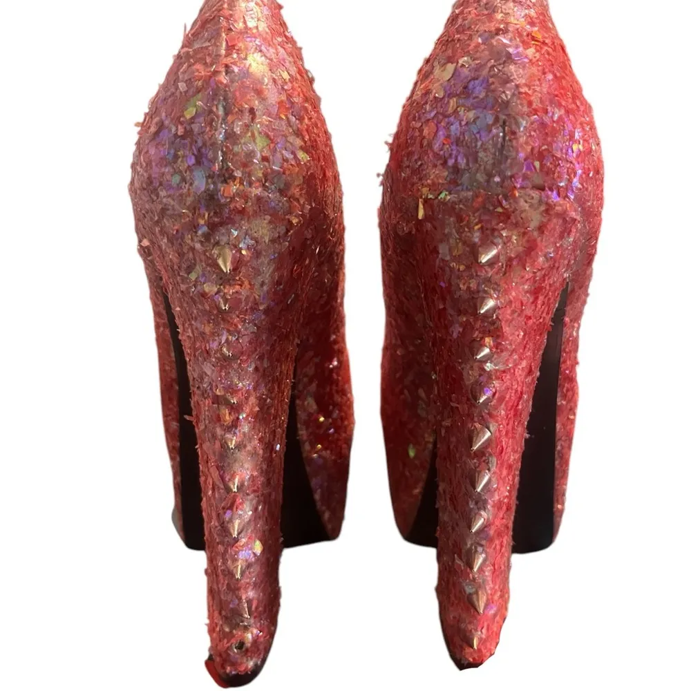 Pink Spiked Confetti Wedged Heels - Image 11