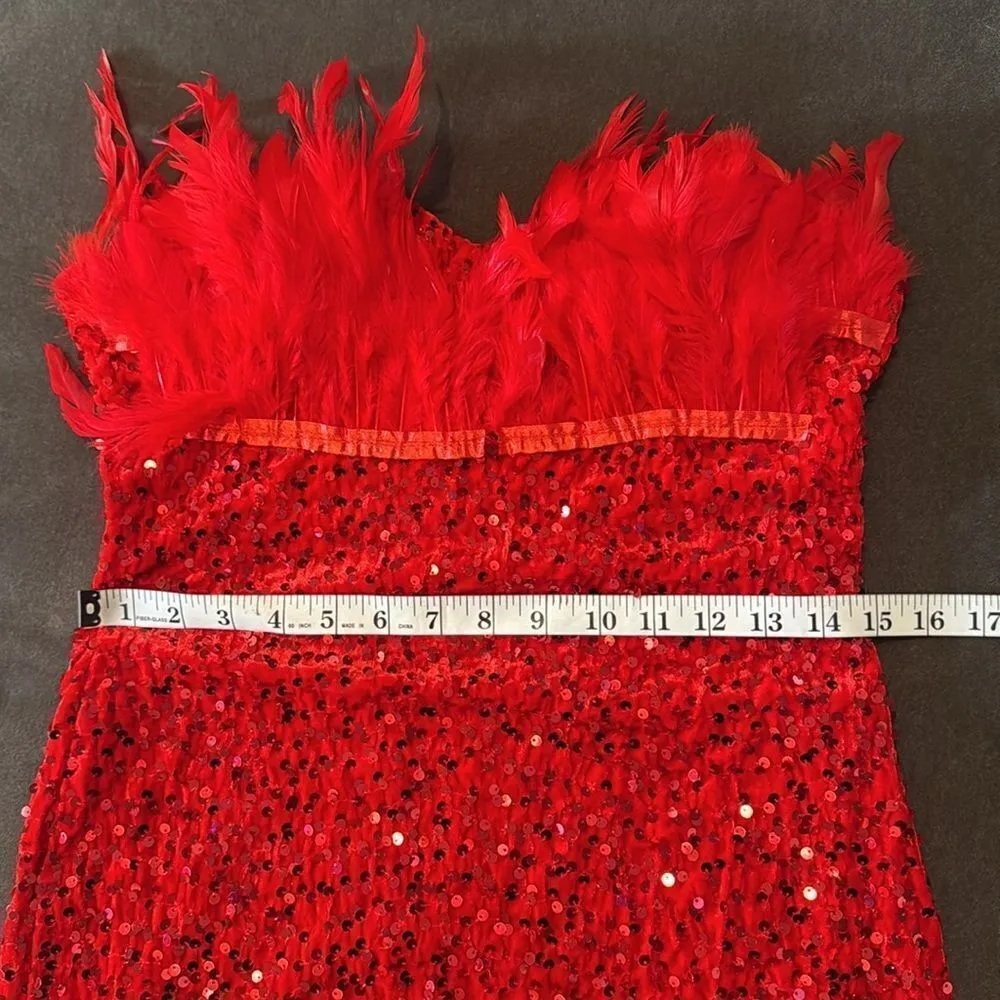 Women’s Short Red Strapless Sequined BodyCon Party Dress with Feathers Size L Size L - Image 9
