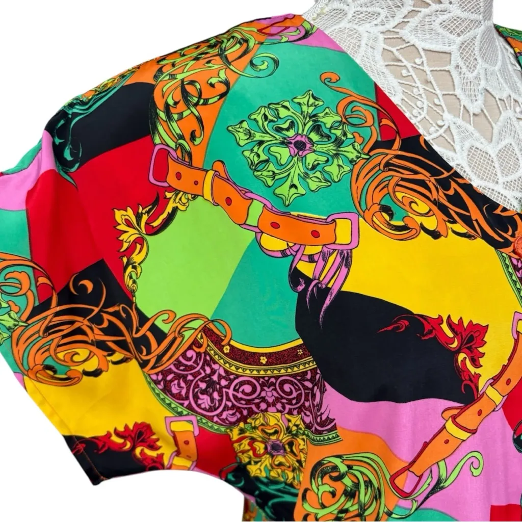 Vintage 80s Funky Colorful Abstract Blouse, Bold Print, Size Medium Shoulder Pad Orange - Image 5