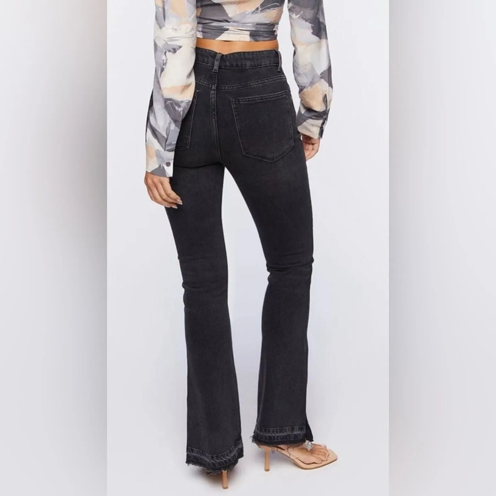 NWT Forever 21 Flare Jeans Womens 28 Black Raw Split Hem Rocker Skater 90s - Image 2