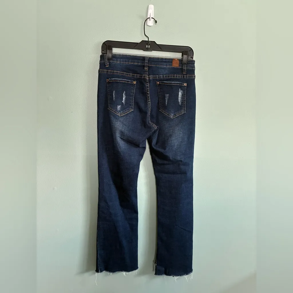POL Dark Blue Distressed Cropped Kick Flare Jeans Size M - Image 6