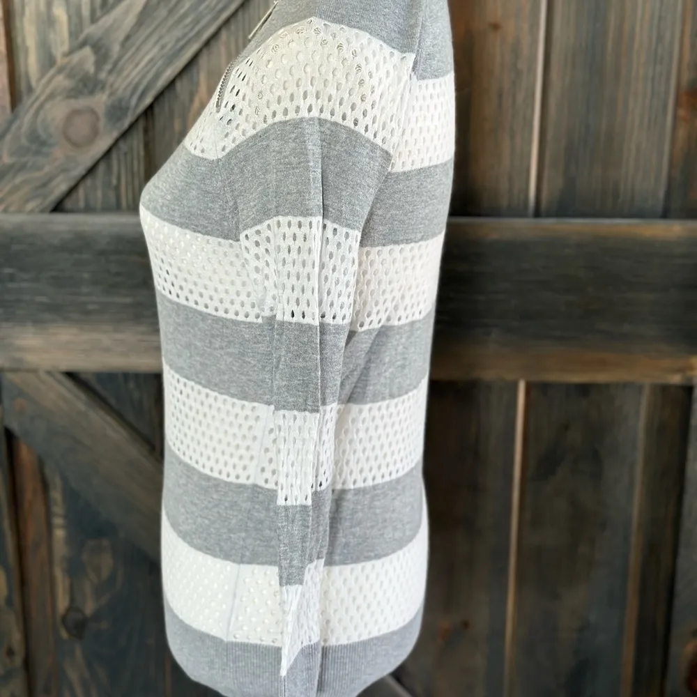 Michael Michael Kors Gray White Striped Perforated Knit Sweater with Zip Shoulde - Image 4
