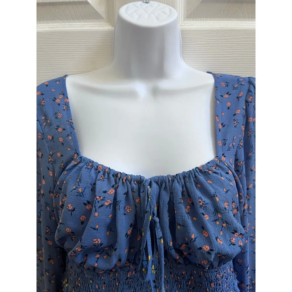Free People Lolita Blue Smocked Milkmaid Boho Floral Print Crop Top Size Medium - Image 11