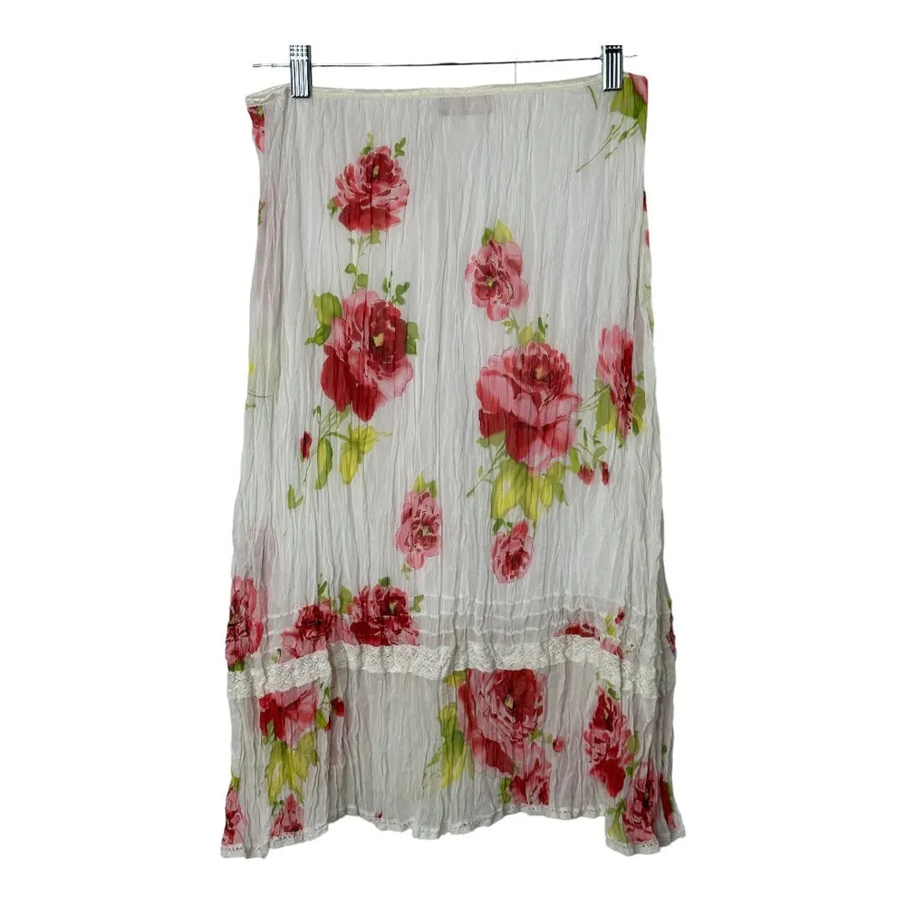 Y2K Guess White Pull-On Midi Skirt Red & Pink Roses Lace Trim Women's Medium - Image 2