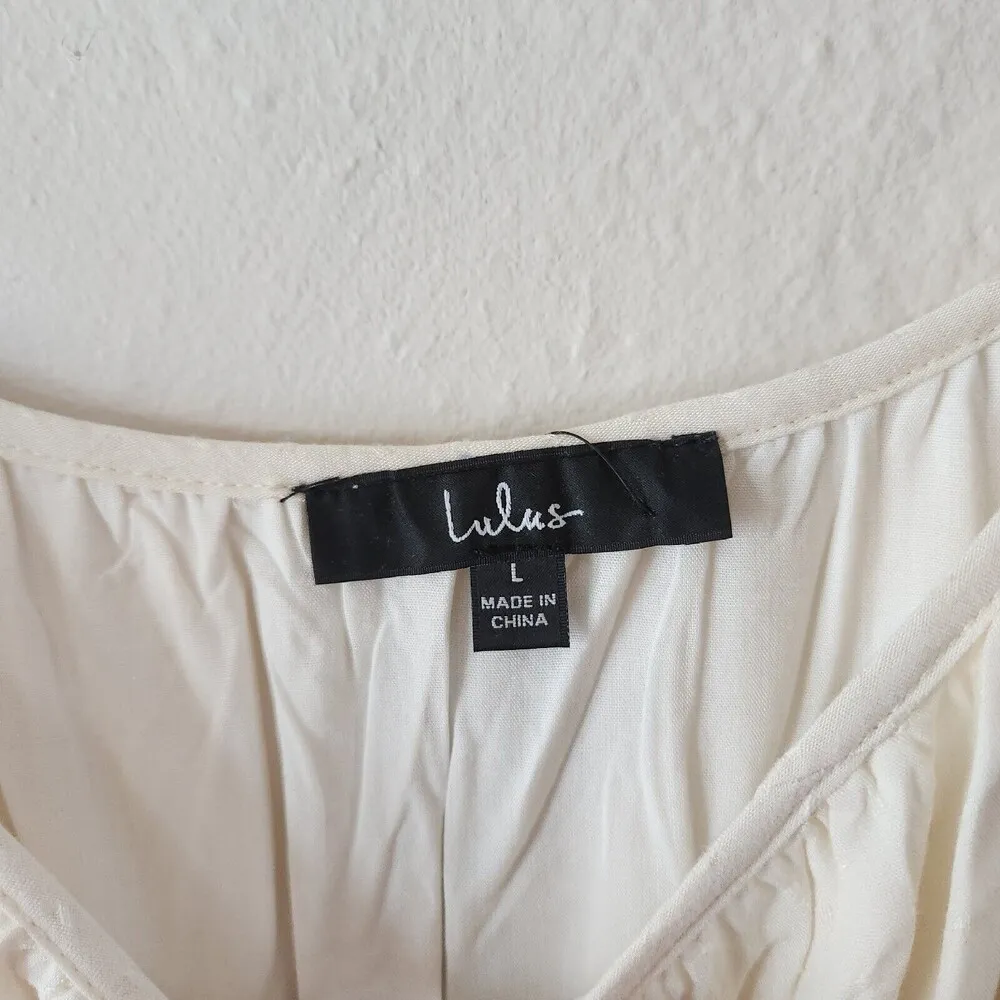 NWT Lulu's Rejoice Cream Subtle Dot Patter. Tiered Sleeveless Maxi Dress Size L - Image 4