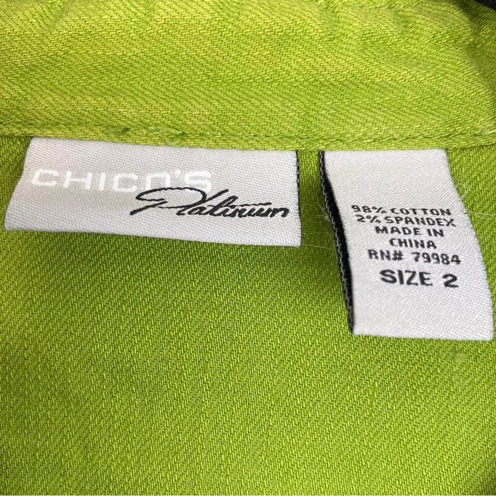 Chico’s Platinum Green Denim Jacket Ruffle Trim Silver Hardware Size 2 - Image 5