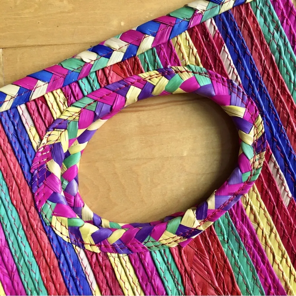 Colorful, Festive, Striped, Straw Open Top Hand Bag Red - Image 6