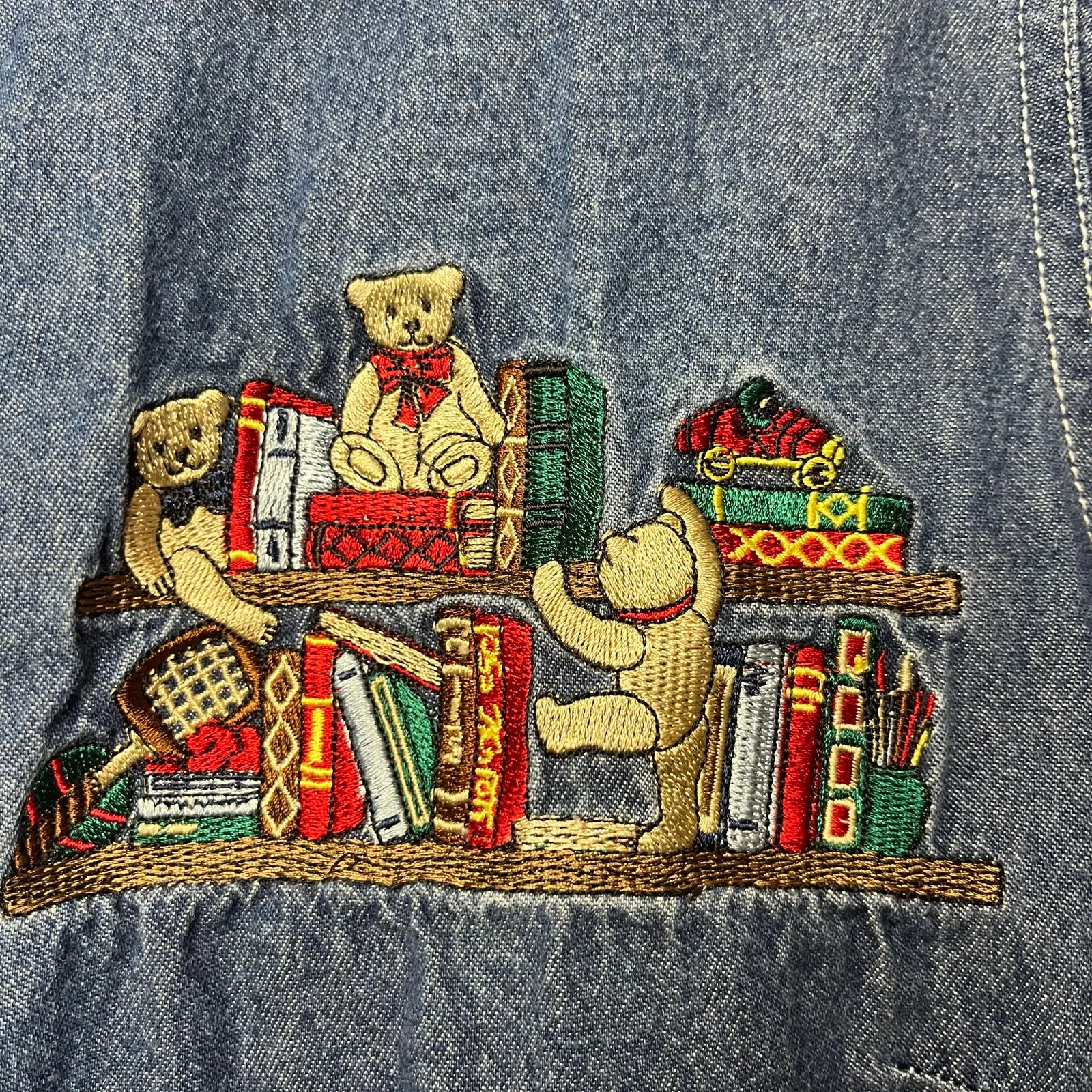 Vintage Cabin Creek Denim Shirt Embroidered Teddy Bears Book Shelf Western Sz PS - Image 4