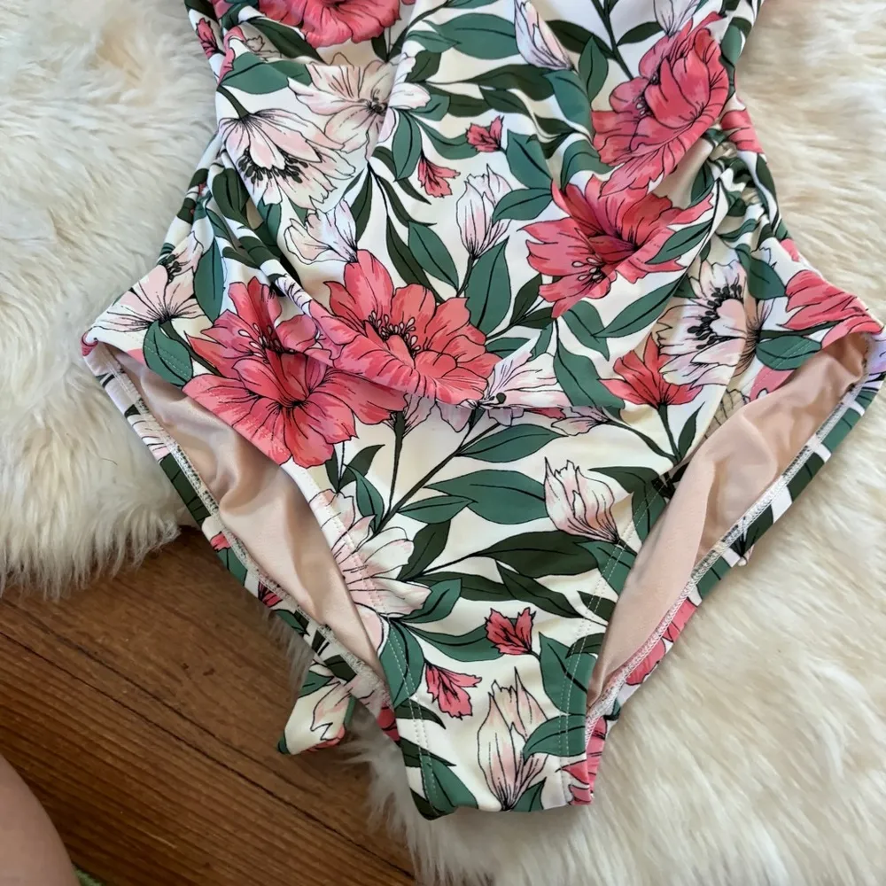 Pink White & Green Floral Open Back Ruched One Piece Swimsuit - Image 2