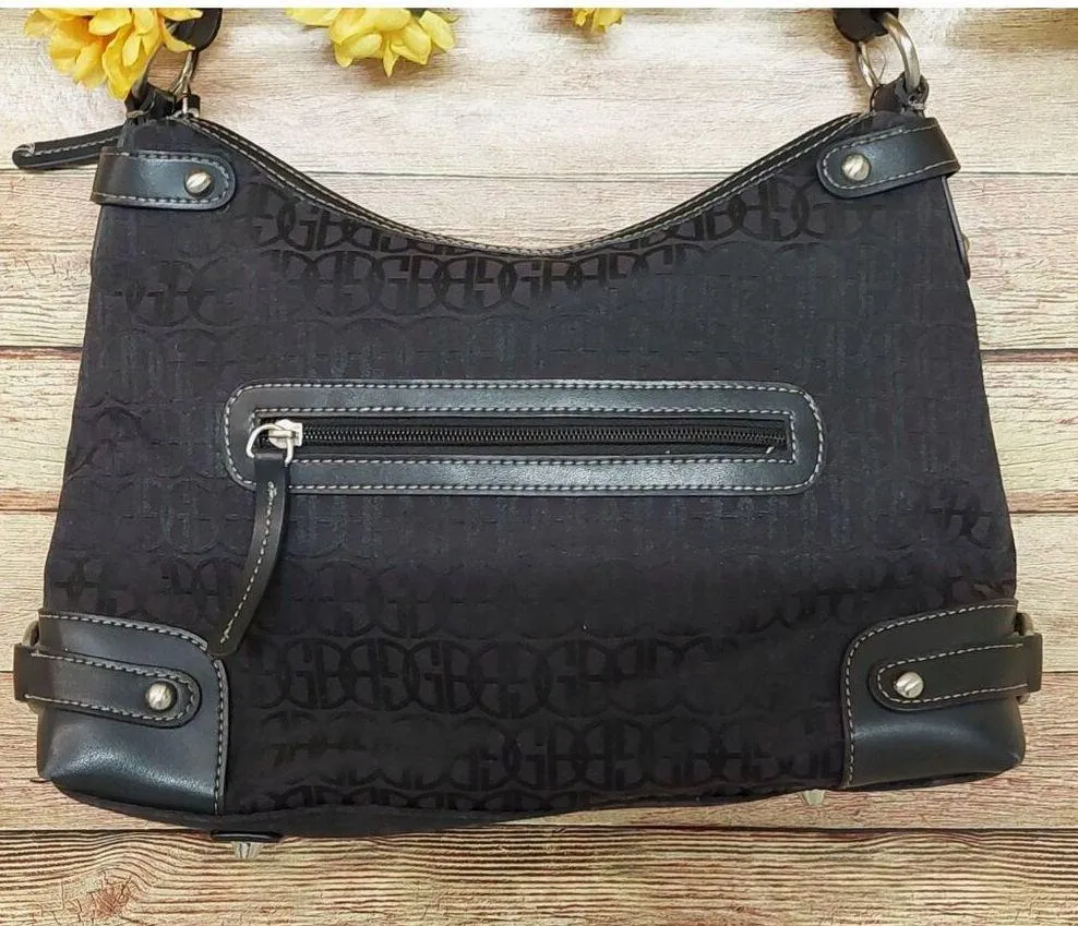 Gianni Bini Black Baguette Signature Print Leather Accent Shoulder Bag Purse - Image 2