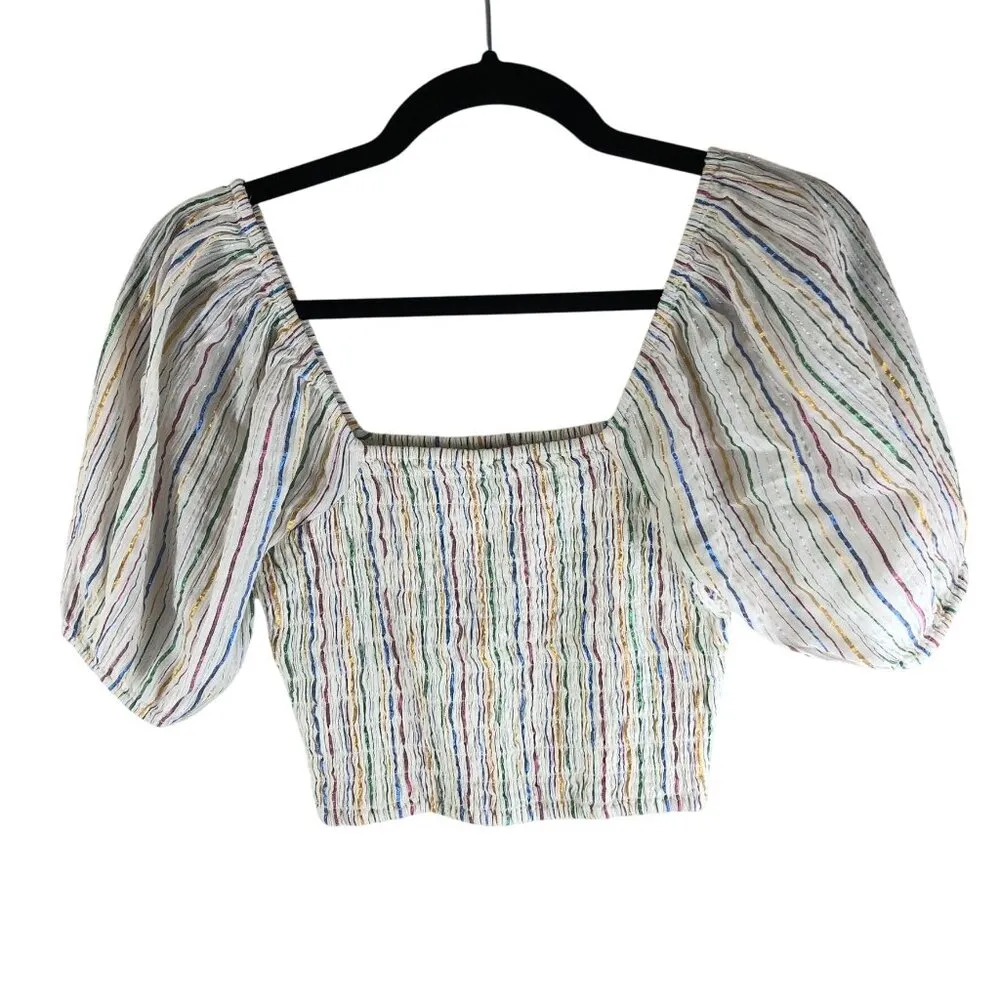& Other Stories Metallic Stripe Cotton Blend Smocked Puff Sleeve Blouse Size 2 - Image 2