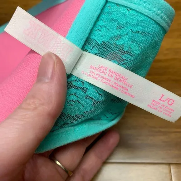 PINK Victoria's Secret Womens Large Bandeau Bralette Turquoise‎ Lace Strapless - Image 4