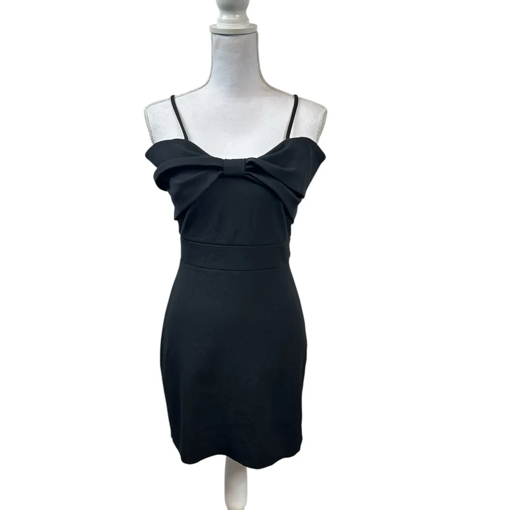 Alexa B Women’s Classic Black Spaghetti Strap Front Bow Mini Dress Size 4 - Image 2