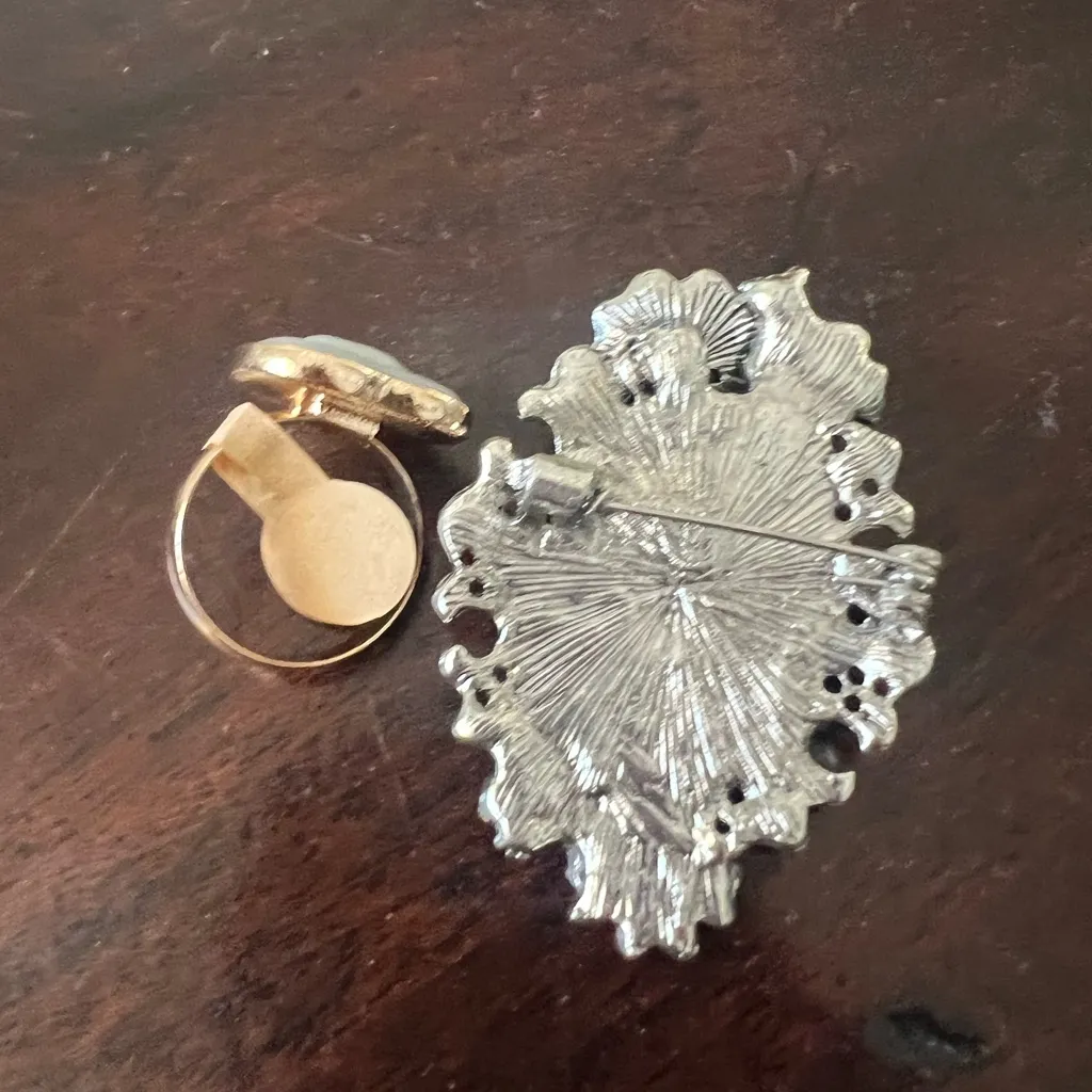 Elegant Cameo Jewelry Set ring and Lady Cameo Brooch Silver - Image 4