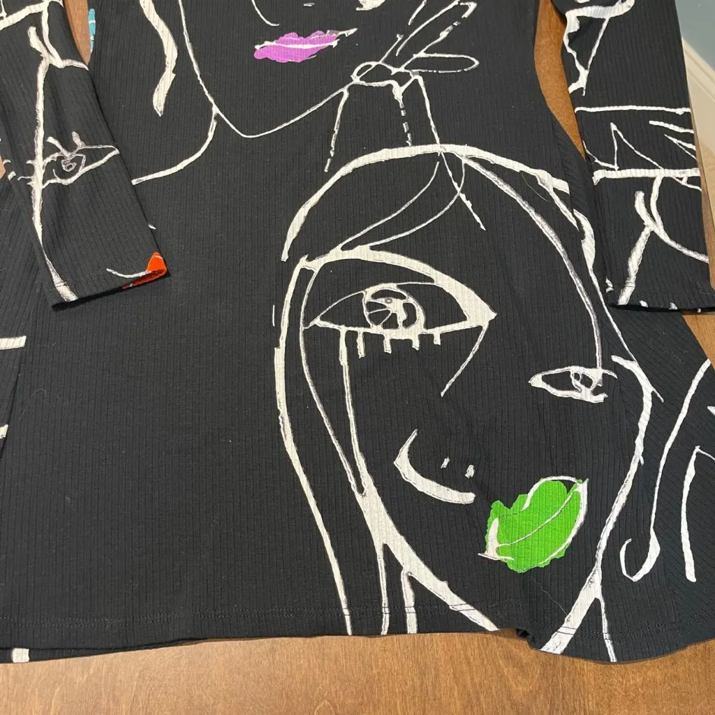 Desigual Face Print Mini Dress Women's Size Large Ribbed Knit Viscose High Neck - Image 7