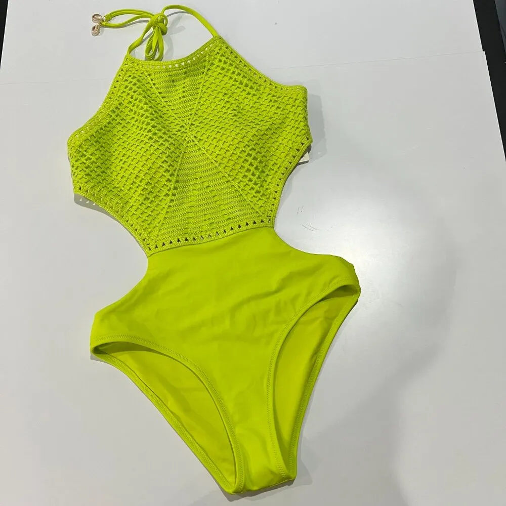 Aerie NWT Neon Green Jacquard Cut Out String One Piece Swimsuit Size Med - Image 12