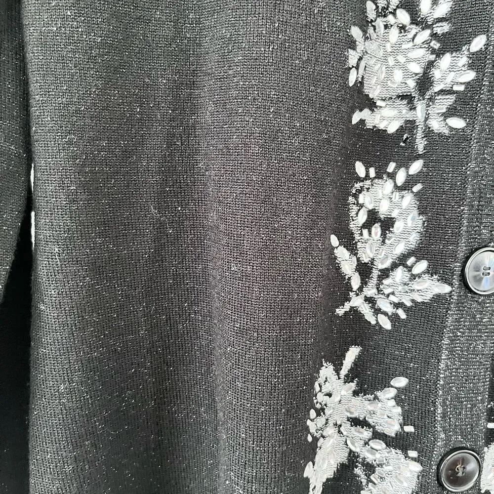 Diane von Furstenberg Black Merino Wool Floral V-Neck Button Cardigan Sweater M - Image 6