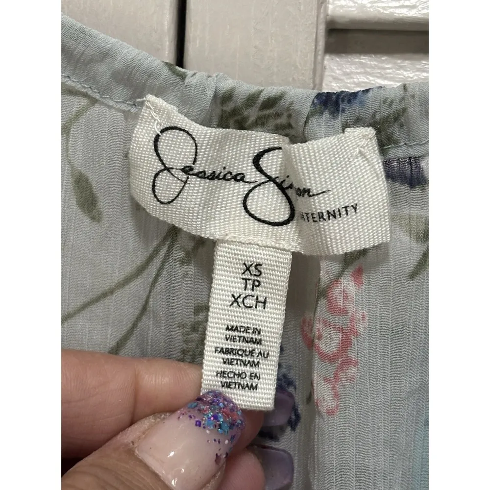 Jessica Simpson Maternity Floral Sheer 3/4 Sleeve Ruffle/Tie Neck Blouse Size XS - Image 3