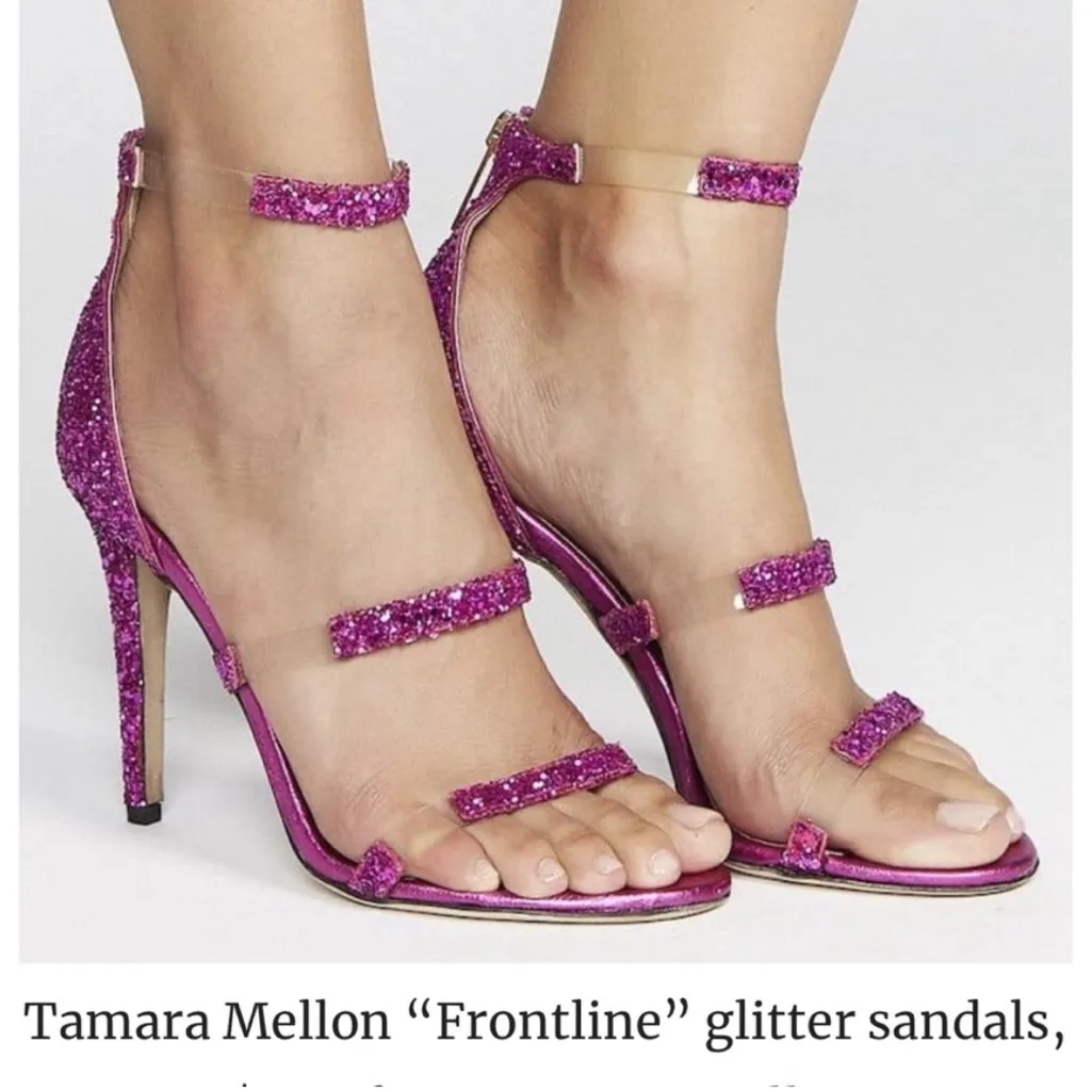 Tamara Mellon Frontline 105 Glitter PVC Sandal Heels Fuschia Hot Pink Glam 35.5 Size undefined - Image 3