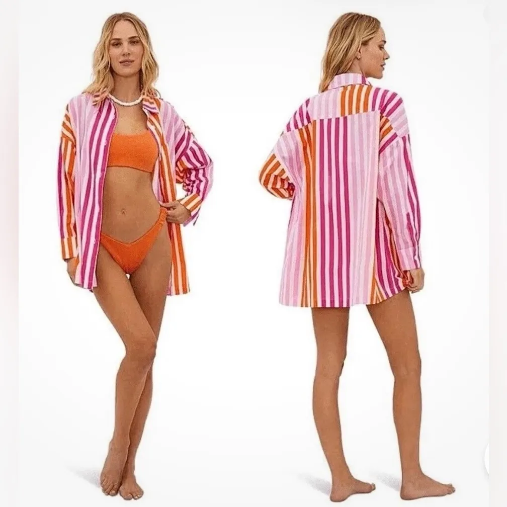 Beach Riot • Alexa Coverup Button Down Top Shirt Petite Large PL Sunset Stripes - Image 2