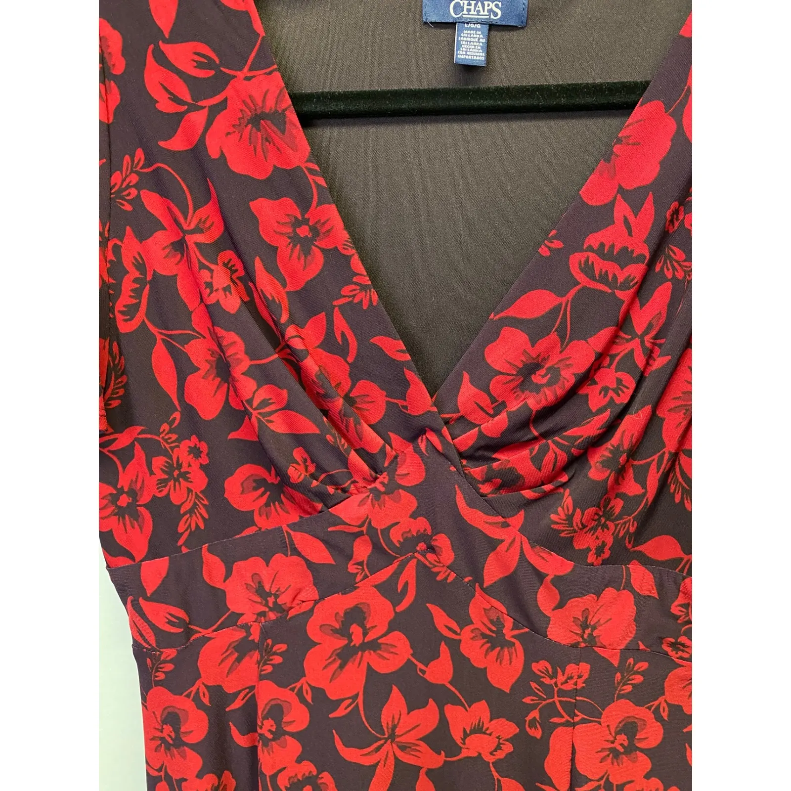 Chaps Red Floral Wrap Style Midi Dress Short Sleeve V-Neck Women's L - Image 4