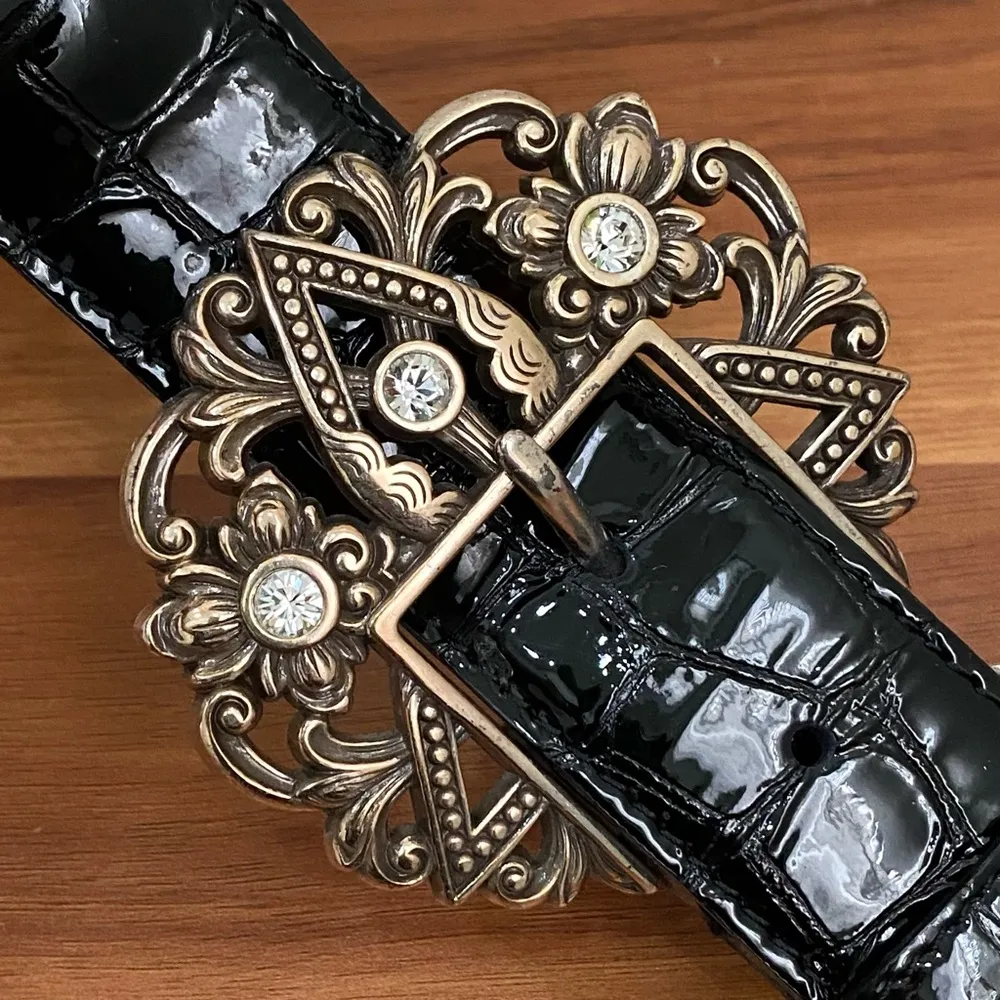 Vintage  B60113 Black Patent Leather Bling Crystal Embellished Belt 34 - Image 5