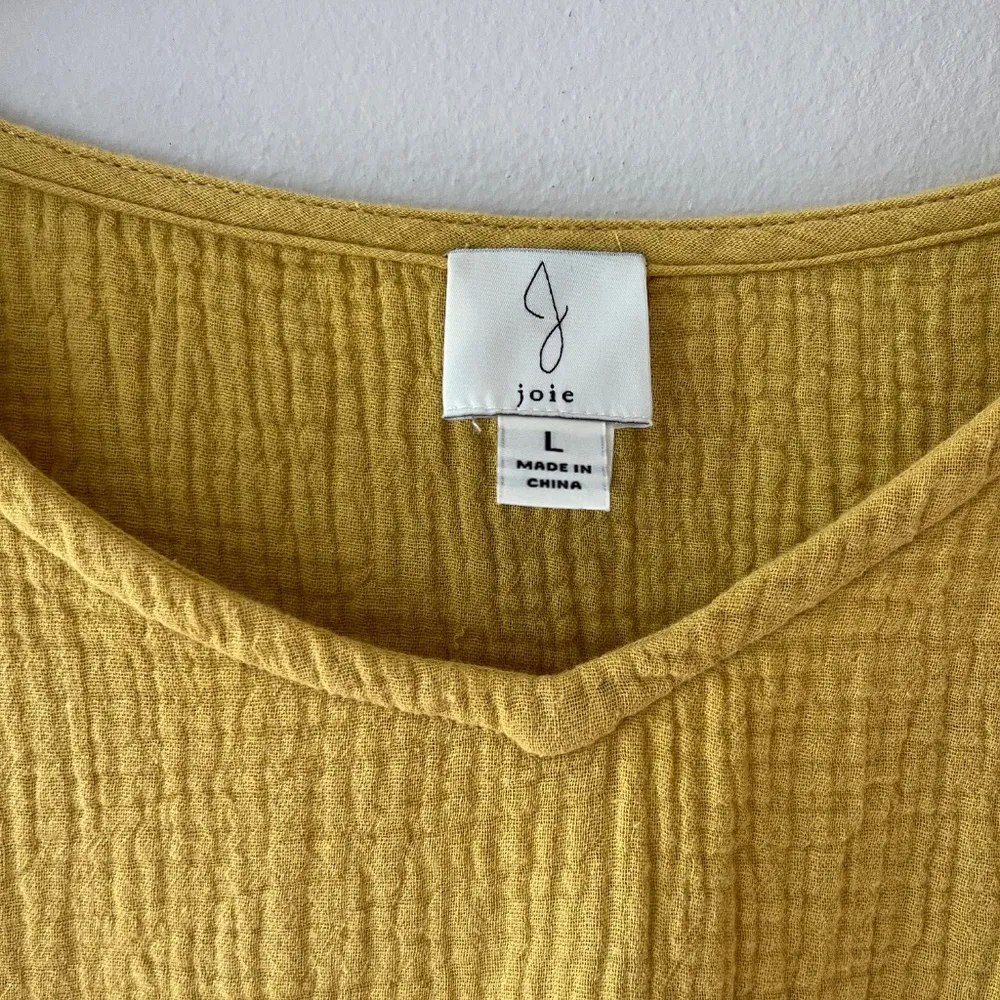 Joie Sz L Oversized Gauze Mustard Tunic Blouse‎ Cotton Short Sleeve V Neck - Image 4