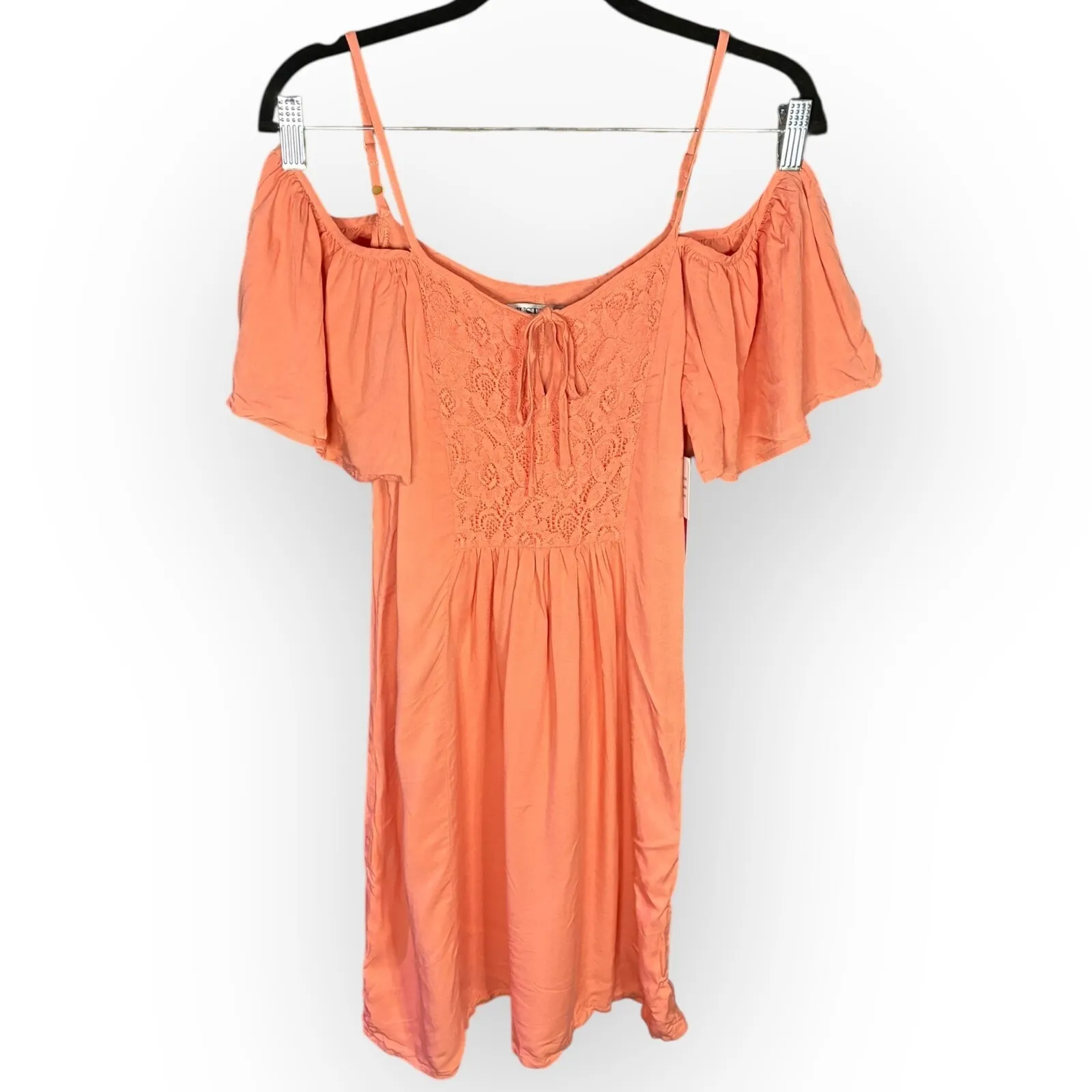 NWT JustFab XS Peach Orange Off Shoulder Lace Sundress Tie Waist - Image 2