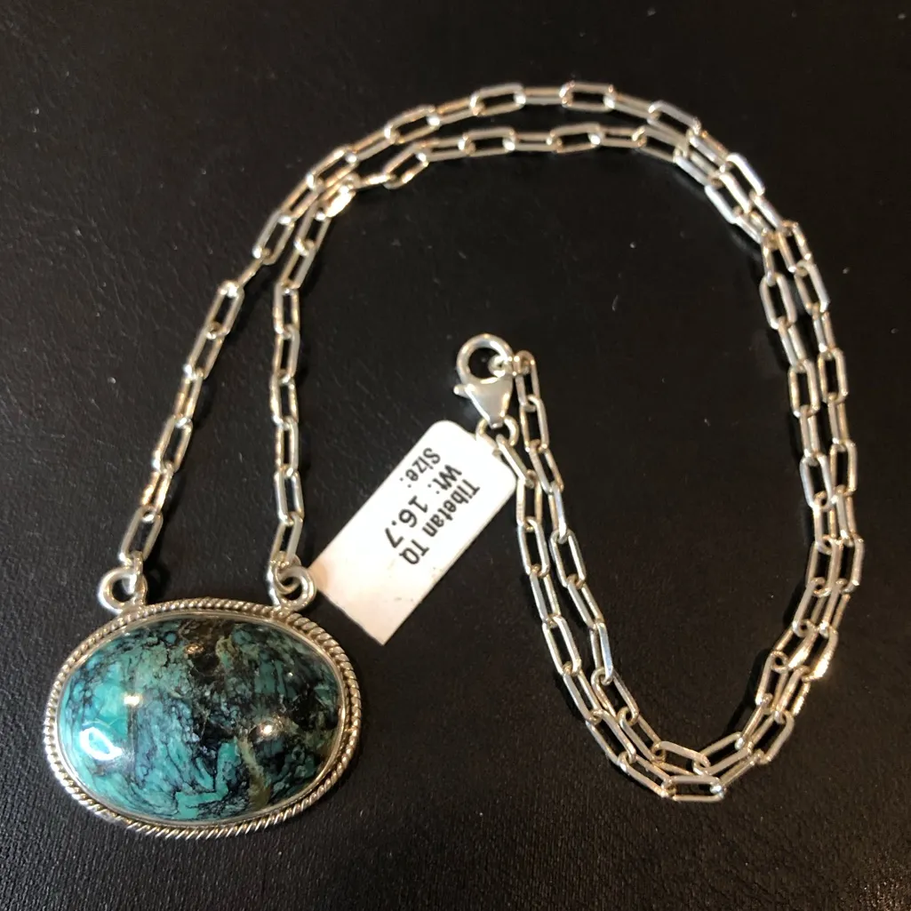 Turquoise Cabochon Gemstone with Rope Encircled Bezel and Sterling Silver Chain - Image 13
