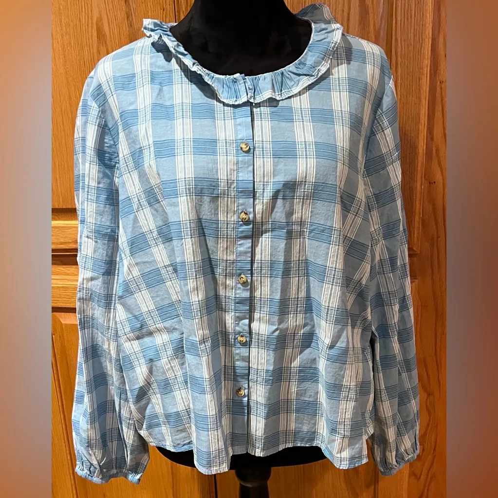 Madewell Ruffle-Neck Colwell Plaid Cotton Top in Ashby Plaid Ocean Wave Size XXL - Image 7
