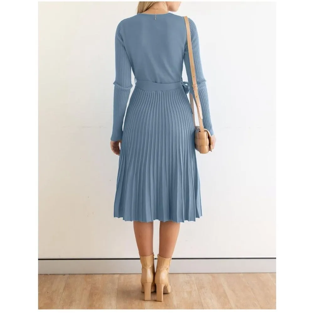 NEW Wrap V Neck Ribbed Knit Pleated Sweater Dress NO BELT XL Blue - Image 4