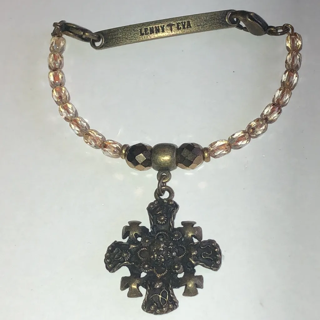 Lenny and Eva Elegant Bronze Tone Glass Beaded Boho Cross Charm Bracelet Brown - Image 3