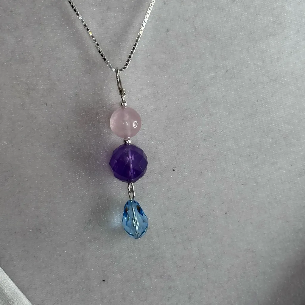 Hand wire wrapped Rose Quartz, Amethyst, & Swarovski Sterling Silver Necklace - Image 3