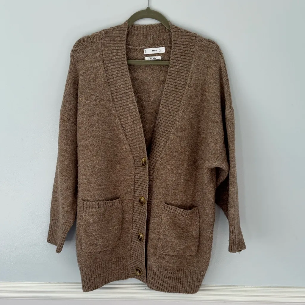 Mango Oversized Cardigan with Buttons Brown Beige Wool Blend Sz S Oversized - Image 2