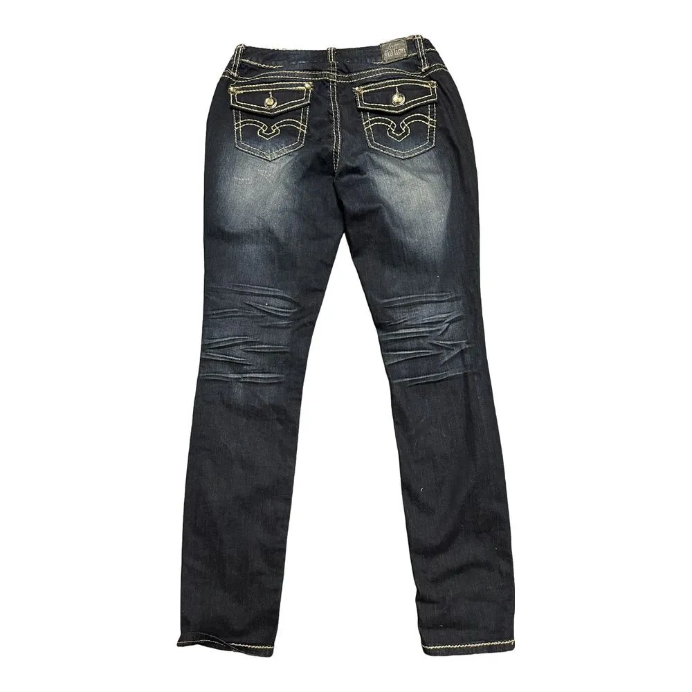 Love Nation Dark Wash Rhinestone Button Pocket Bootcut Mid Rise Jeans Size 6 Y2K - Image 2