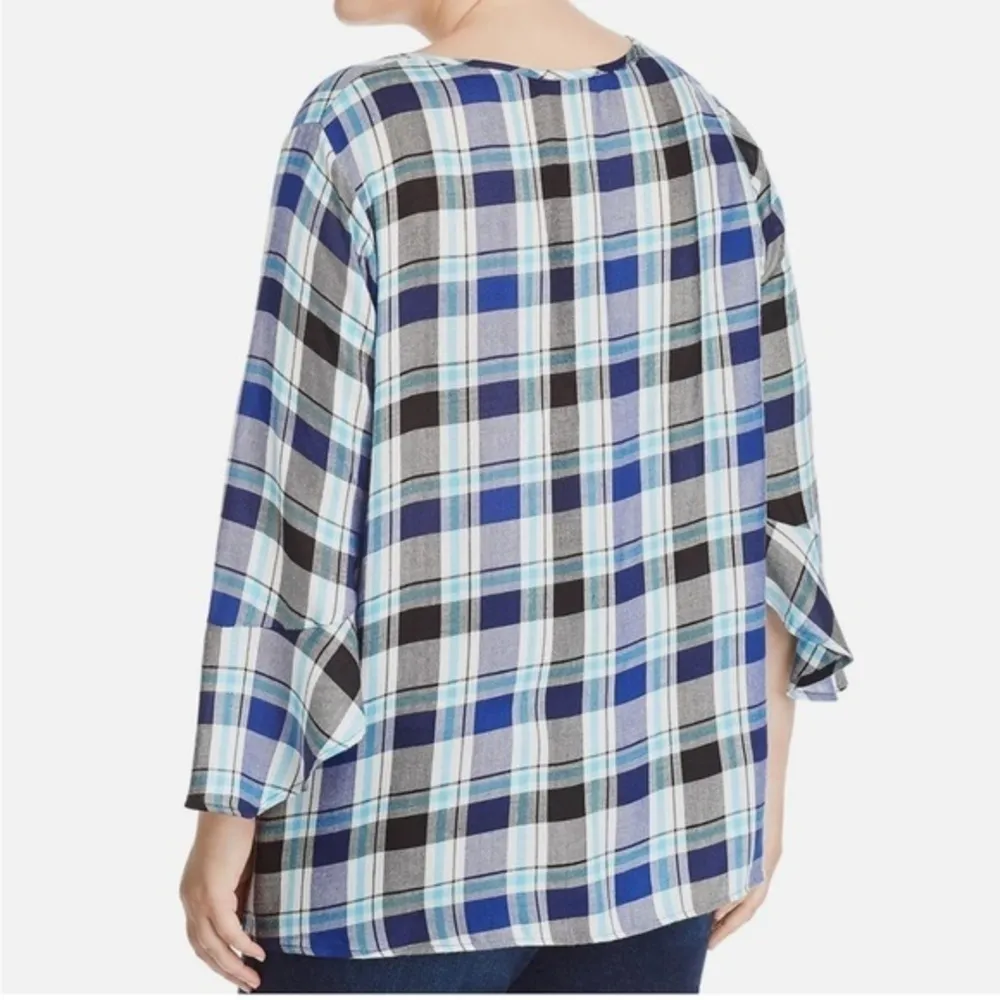 STATUS BY CHENAULT 2X Blue Plaid Henley Top Ruffle Sleeve - Image 4