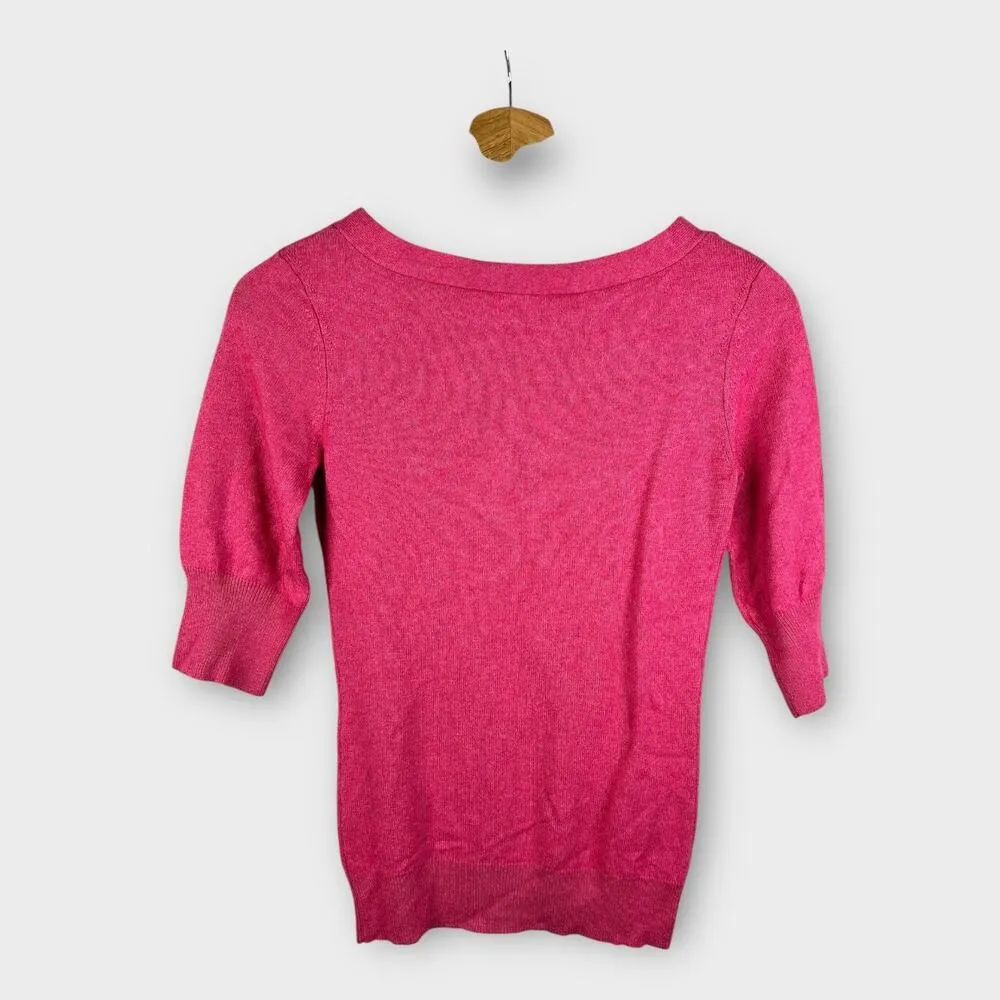 Trina Turk Womens size XS 3/4 Sleeve Silk Cashmere Sweater Barbie Pink Bow - Image 2