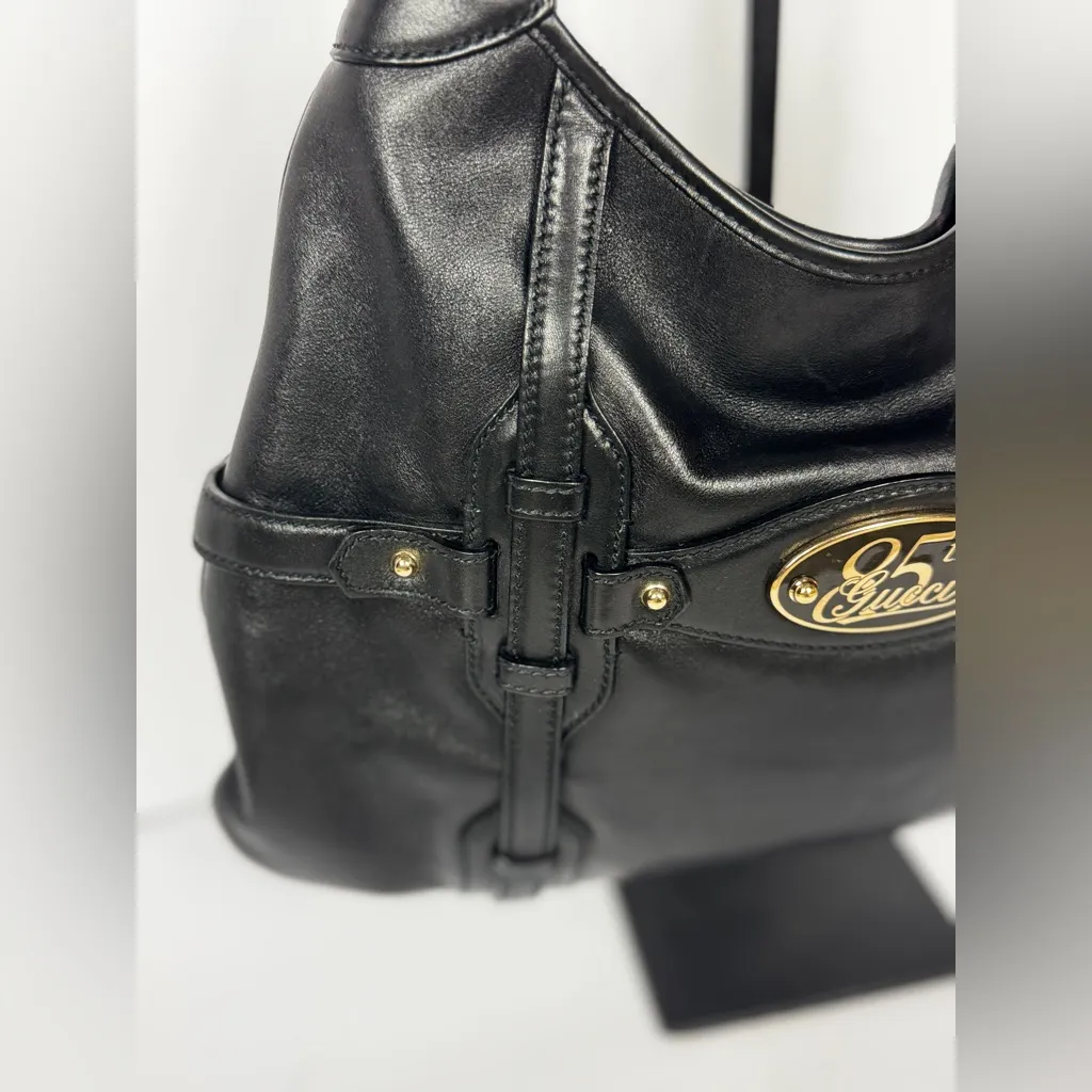 GUCCI Vintage BLACK LEATHER 85TH ANNIVERSARY GG MONOGRAM HOBO BAG - Image 13