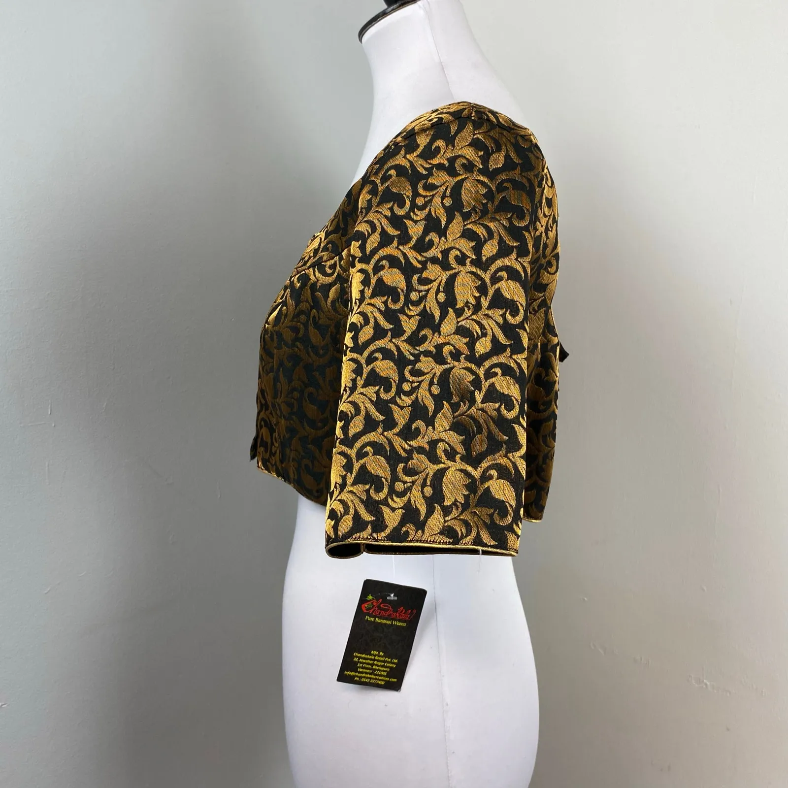 Chandrakala Black and Gold Brocade Half Sleeve Saree Blouse Top Medium - Image 8
