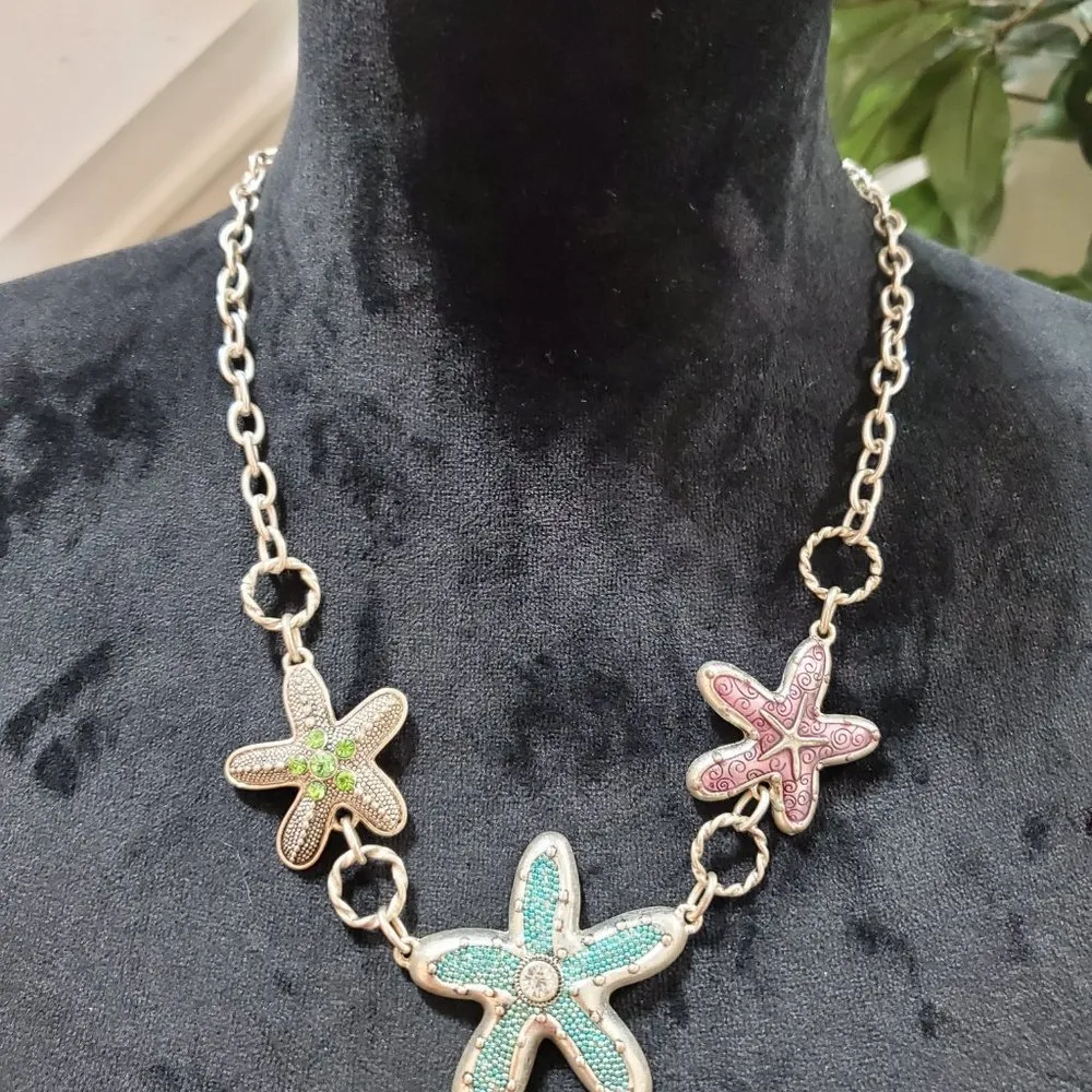 Women's Triple STARFISH Silver Tone Necklace Aquamarine Textured Rhinestones Cry - Image 2
