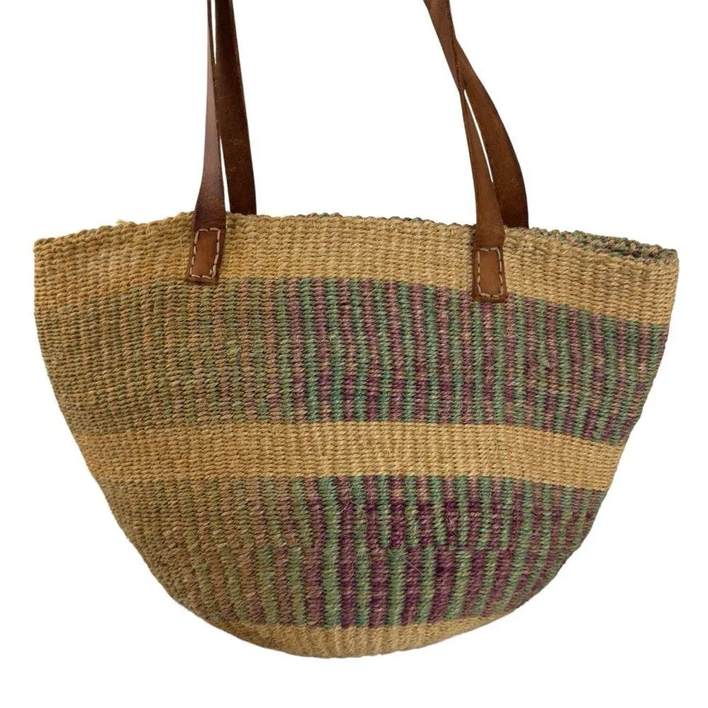 Handwoven Handcrafted Boho Sisal Straw Leather Kiondo Market Bag Vintage 80’s Tan - Image 3